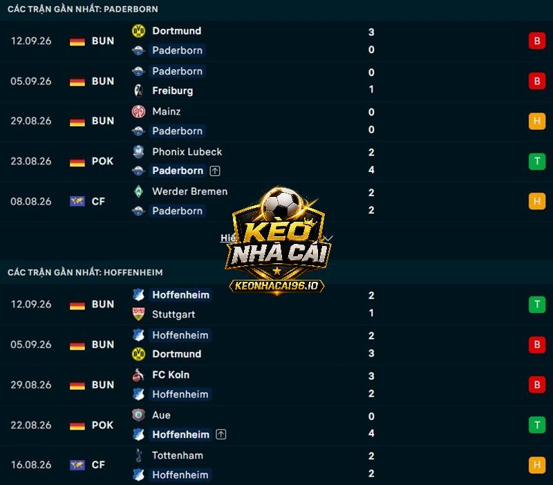 Phong độ gần đây của Paderborn vs Hoffenheim Phong độ gần đây của Paderborn vs Hoffenheim